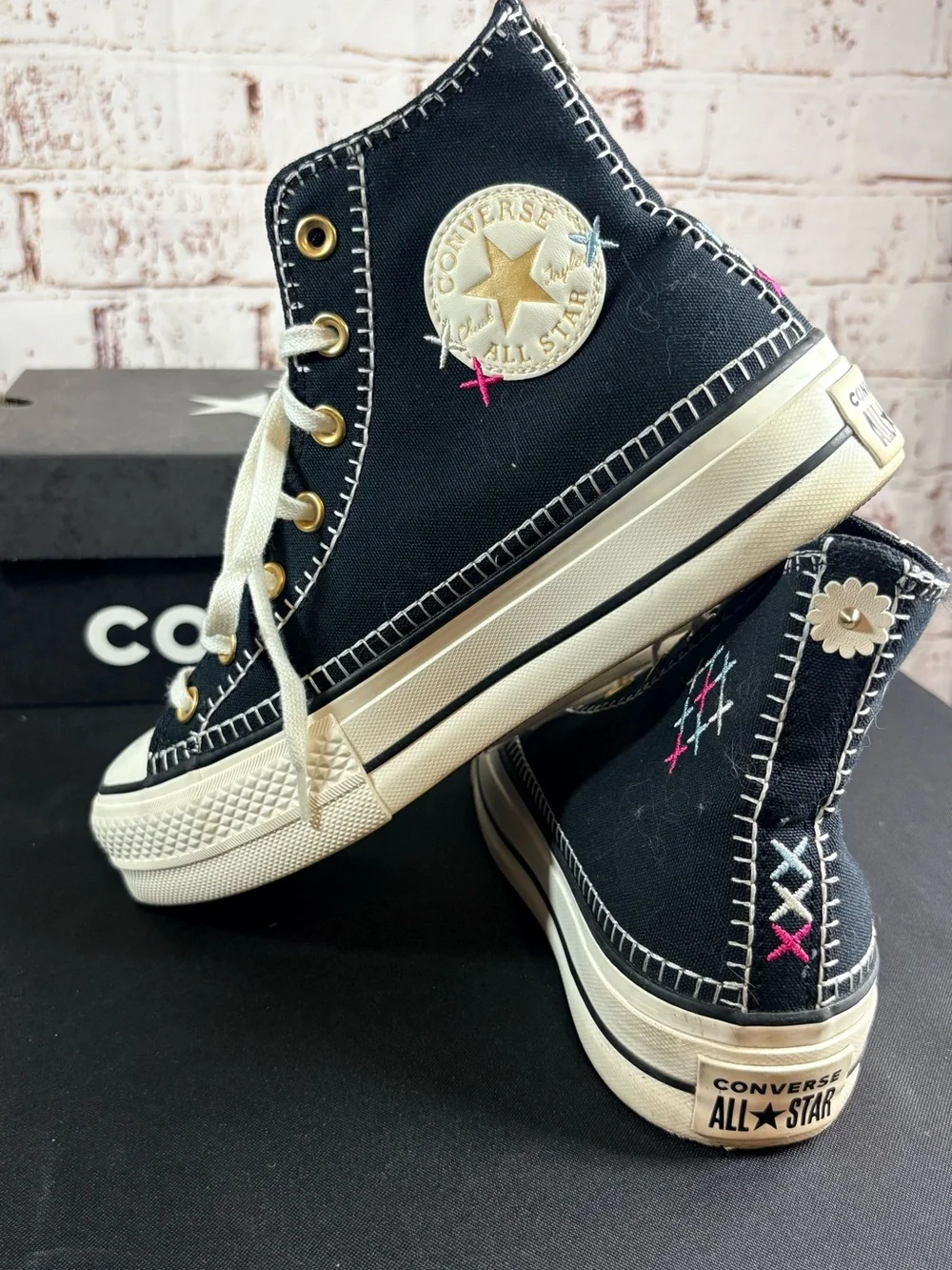 Converse High Top Sneakers in Black with Cream Accents and Colorful Stitching